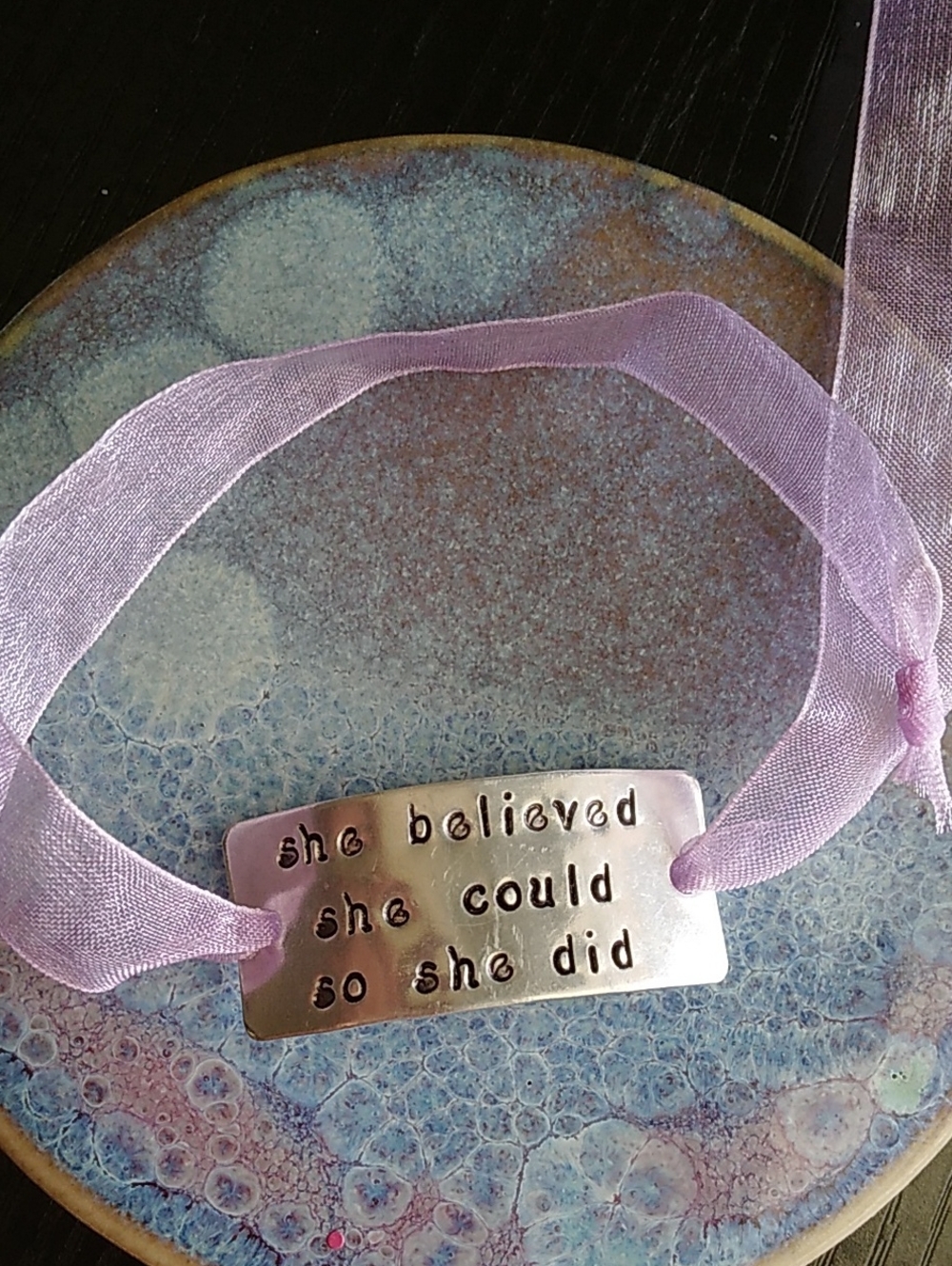 Handmade Inspirational Silver Plate Ribbon Bracelet Lilac Purple